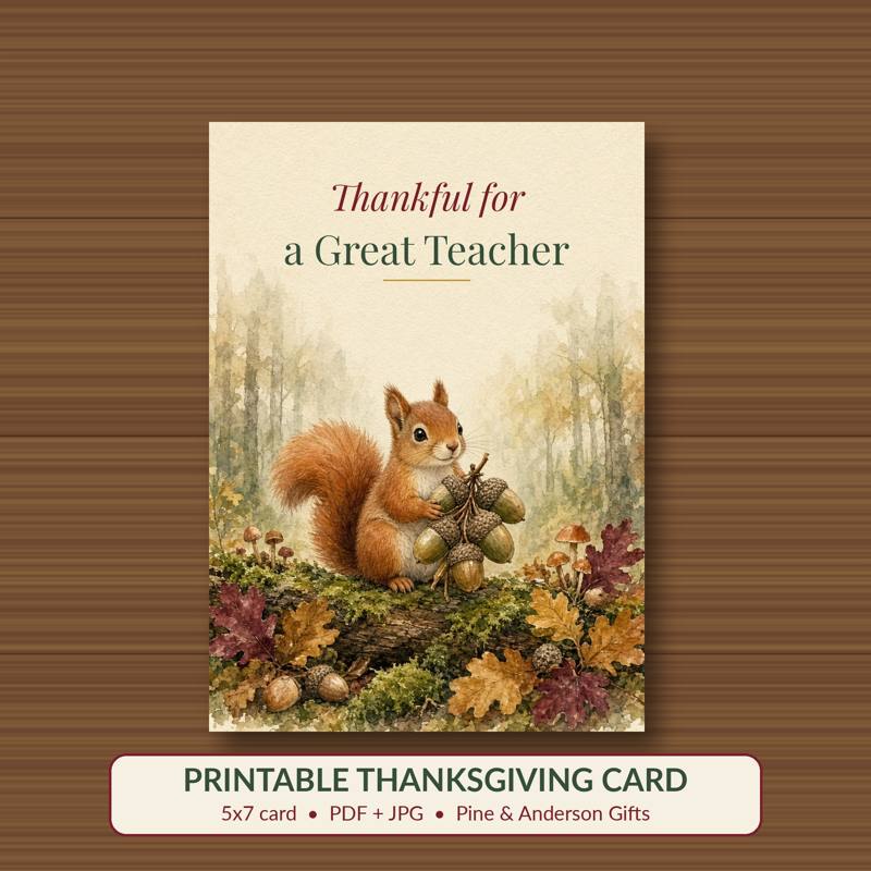 Thankful for a Great Teacher printable card, vintage woodland watercolor