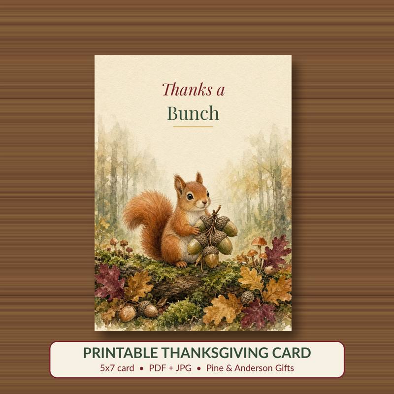 Thanks a Bunch printable card, vintage woodland watercolor
