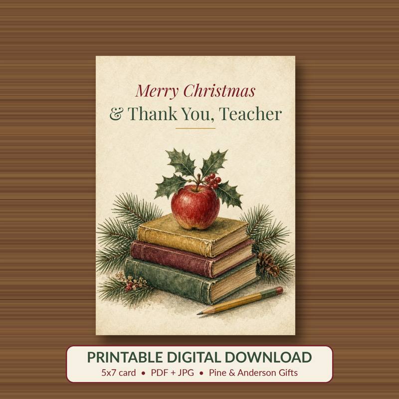 Merry Christmas & Thank You, Teacher printable card, vintage woodland watercolor