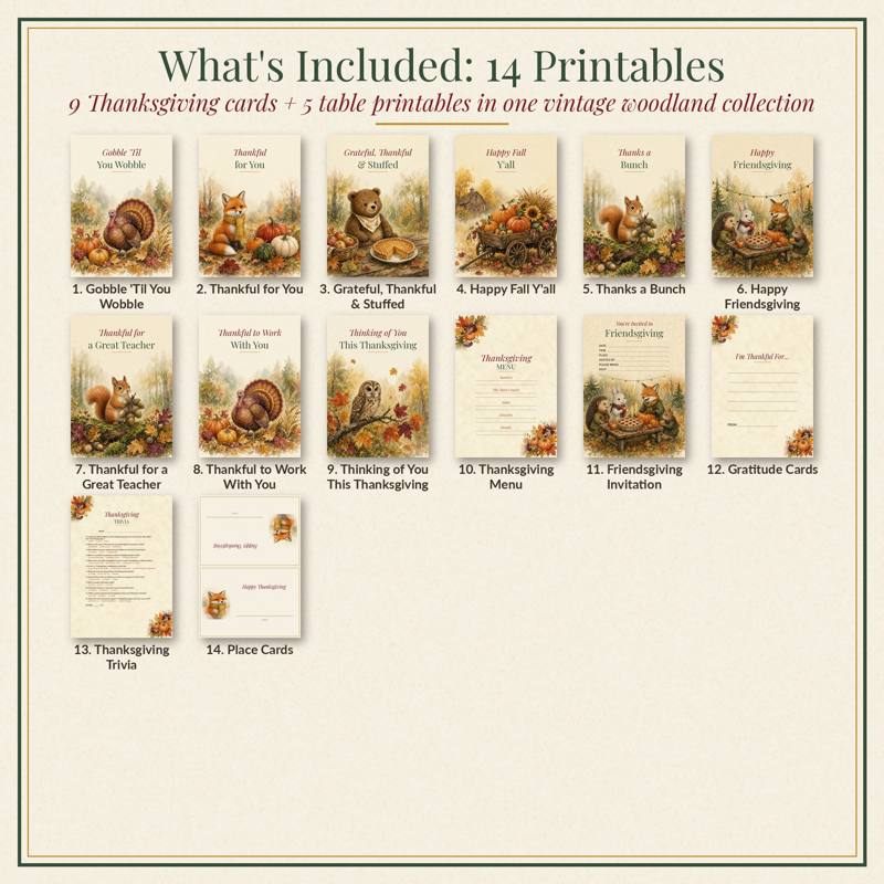 Thanksgiving Printable Bundle (Everything) printable card, vintage woodland watercolor