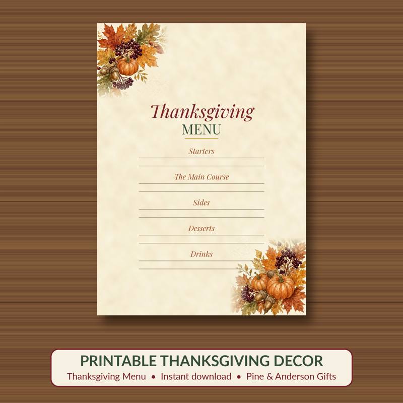 Thanksgiving Menu Card printable card, vintage woodland watercolor