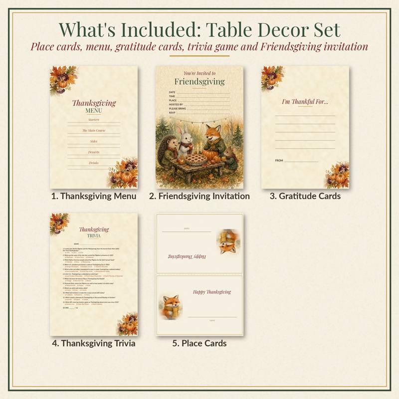 Thanksgiving Table Decor Set printable card, vintage woodland watercolor