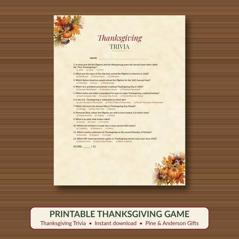Thanksgiving Trivia Game printable card, vintage woodland watercolor