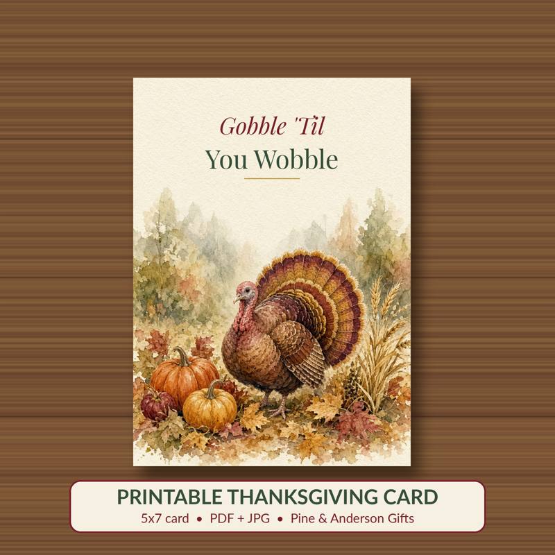 Gobble 'Til You Wobble printable card, vintage woodland watercolor
