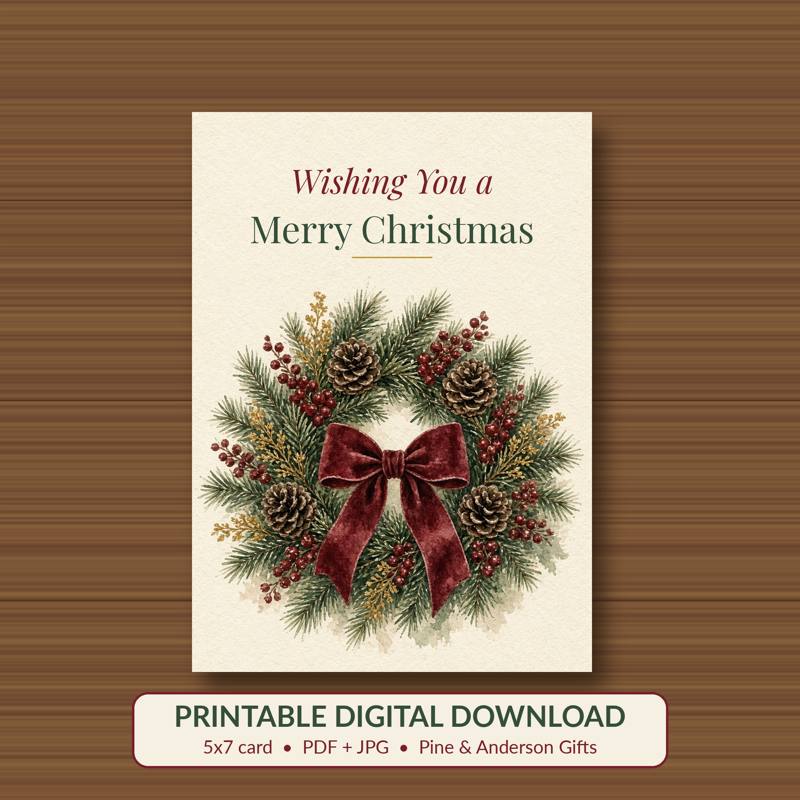 Wishing You a Merry Christmas printable card, vintage woodland watercolor
